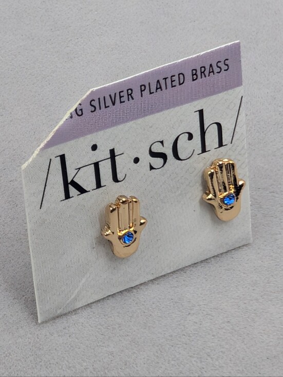 Kitsch Jewelry - Kitsch Hamsa Hand Blue Crystal Stud Earrings 14K Gold Plated | M312